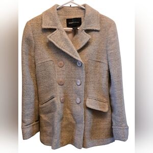 Moda International Y2k Women's Beige Herringbone Pea Coat Gold Thread Size Small
